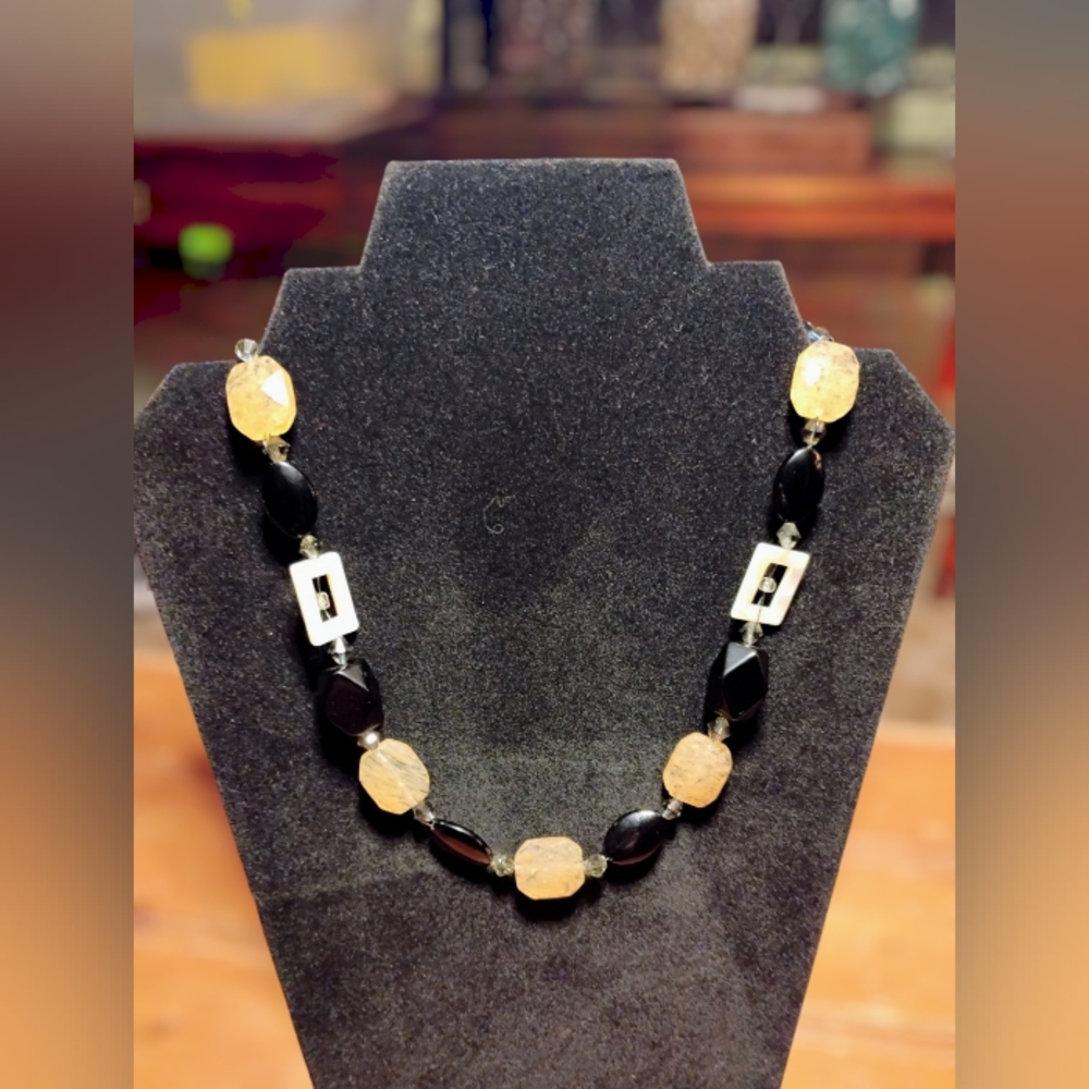 Vintage Madame Butterfly Black and Gold Beaded Necklace